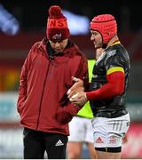 5 March 2021; Munster head coach Johann van Graan in conversation with Chris Cloete prior to the Guinness PRO14 match between Munster and Connacht at Thomond Park in Limerick. Photo by Ramsey Cardy/Sportsfile
