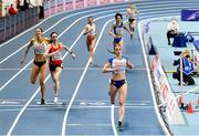 6 March 2021; Keely Hodgkinson of Great Britain wins her semi-final of the Women's 800m from Lore Hoffmann of Switzerland and Christina Hering of Germany during the second session on day two of the European Indoor Athletics Championships at Arena Torun in Torun, Poland. Photo by Sam Barnes/Sportsfile