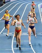 6 March 2021; Joanna Józwik of Poland celebrates winning her semi-final of the Women's 800m from Isabelle Boffey of Great Britain during the second session on day two of the European Indoor Athletics Championships at Arena Torun in Torun, Poland. Photo by Sam Barnes/Sportsfile