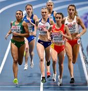6 March 2021; Nadia Power of Ireland, left, competes in the Women's 800m semi-final during the second session on day two of the European Indoor Athletics Championships at Arena Torun in Torun, Poland. Photo by Sam Barnes/Sportsfile