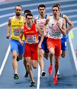 6 March 2021; Mariano Garcia of Spain leads the field, from Amel Tuka of Bosnia and Herzegovina and Patryk Dobek of Poland in the Men's 800m semi-final during the second session on day two of the European Indoor Athletics Championships at Arena Torun in Torun, Poland. Photo by Sam Barnes/Sportsfile
