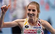 6 March 2021; Elise Vanderelst of Belgium celebrates winning gold in the Women's 1500m final during the second session on day two of the European Indoor Athletics Championships at Arena Torun in Torun, Poland. Photo by Sam Barnes/Sportsfile