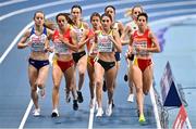 6 March 2021; Katie Snowden  of Great Britain, Esther Guerrero of Spain, Gesa-Felicitas Krause of Germany and Marta Pérez of Spain in the Women's 1500m final during the second session on day two of the European Indoor Athletics Championships at Arena Torun in Torun, Poland. Photo by Sam Barnes/Sportsfile