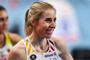 6 March 2021; Elise Vanderelst of Belgium after winning gold in the Women's 1500m final during the second session on day two of the European Indoor Athletics Championships at Arena Torun in Torun, Poland. Photo by Sam Barnes/Sportsfile