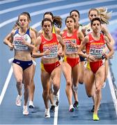 6 March 2021; Katie Snowden  of Great Britain, Esther Guerrero and Marta Pérez of Spain in the Women's 1500m final during the second session on day two of the European Indoor Athletics Championships at Arena Torun in Torun, Poland. Photo by Sam Barnes/Sportsfile