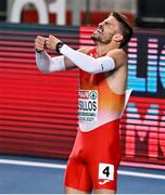6 March 2021; Óscar Husillos of Spain celebrates winning gold in the Men's 400m final during the second session on day two of the European Indoor Athletics Championships at Arena Torun in Torun, Poland. Photo by Sam Barnes/Sportsfile