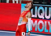 6 March 2021; Óscar Husillos of Spain celebrates winning gold in the Men's 400m final during the second session on day two of the European Indoor Athletics Championships at Arena Torun in Torun, Poland. Photo by Sam Barnes/Sportsfile