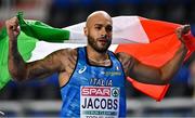 6 March 2021; Lamont Marcell Jacobs of Italy celebrates winning gold in the Men's 60m final during the second session on day two of the European Indoor Athletics Championships at Arena Torun in Torun, Poland. Photo by Sam Barnes/Sportsfile