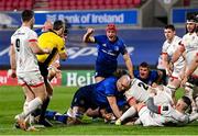 6 March 2021; Josh van der Flier of Leinster celebrates a try by Michael Bent during the Guinness PRO14 match between Ulster and Leinster at Kingspan Stadium in Belfast. Photo by Ramsey Cardy/Sportsfile