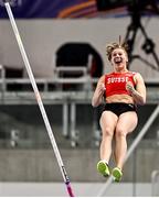 6 March 2021; Angelica Moser of Switzerland celebrates after clearing 4m 75cm and winning gold in the Women's Pole Vault Final during the second session on day two of the European Indoor Athletics Championships at Arena Torun in Torun, Poland. Photo by Sam Barnes/Sportsfile