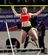 6 March 2021; Angelica Moser of Switzerland celebrates after clearing 4m 75cm and winning gold in the Women's Pole Vault Final during the second session on day two of the European Indoor Athletics Championships at Arena Torun in Torun, Poland. Photo by Sam Barnes/Sportsfile