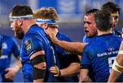 6 March 2021; Michael Bent of Leinster celebrates with Leinster team-mates after scoring his side's first try during the Guinness PRO14 match between Ulster and Leinster at Kingspan Stadium in Belfast. Photo by Ramsey Cardy/Sportsfile