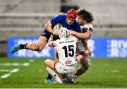 6 March 2021; Josh van der Flier of Leinster is tackled by Michael Lowry, 15, and Jordi Murphy of Ulster during the Guinness PRO14 match between Ulster and Leinster at Kingspan Stadium in Belfast. Photo by Ramsey Cardy/Sportsfile