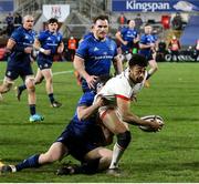 6 March 2021; Robert Baloucoune of Ulster is tackled by Thomas Clarkson of Leinster the Guinness PRO14 match between Ulster and Leinster at Kingspan Stadium in Belfast. Photo by John Dickson/Sportsfile