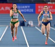 7 March 2021; Ciara Neville of Ireland, left, and Anniina Kortetmaa of Finland compete in the Women's 60m heats during the first session on day three of the European Indoor Athletics Championships at Arena Torun in Torun, Poland. Photo by Sam Barnes/Sportsfile