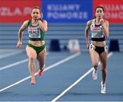 7 March 2021; Joan Healy of Ireland and Olivia Fotopoulou of Cyprus compete in the Women's 60m heats during the first session on day three of the European Indoor Athletics Championships at Arena Torun in Torun, Poland. Photo by Sam Barnes/Sportsfile