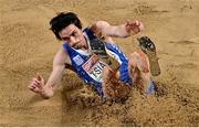7 March 2021; Dimítrios Tsiámis of Greece competes in the Men's Triple Jump Final during the first session on day three of the European Indoor Athletics Championships at Arena Torun in Torun, Poland. Photo by Sam Barnes/Sportsfile