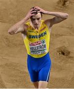 7 March 2021; Jesper Hellström of Sweden reacts to a foul jummp in the Men's Triple Jump Final during the first session on day three of the European Indoor Athletics Championships at Arena Torun in Torun, Poland. Photo by Sam Barnes/Sportsfile