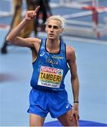 7 March 2021; Gianmarco Tamberi of Italy celebrates clearing 2m 35cm in the Men's High Jump Final during the first session on day three of the European Indoor Athletics Championships at Arena Torun in Torun, Poland. Photo by Sam Barnes/Sportsfile