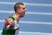 7 March 2021; Maksim Nedasekau of Belarus celebrates clearing 2m 37cm in the Men's High Jump Final during the first session on day three of the European Indoor Athletics Championships at Arena Torun in Torun, Poland. Photo by Sam Barnes/Sportsfile