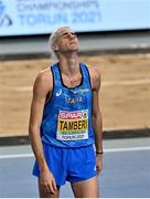7 March 2021; Gianmarco Tamberi of Italy reacts after failing to clear 2m 357m in the Men's High Jump Final during the first session on day three of the European Indoor Athletics Championships at Arena Torun in Torun, Poland. Photo by Sam Barnes/Sportsfile
