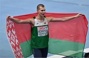 7 March 2021; Maksim Nedasekau of Belarus celebrates winning gold in the Men's High Jump Final during the first session on day three of the European Indoor Athletics Championships at Arena Torun in Torun, Poland. Photo by Sam Barnes/Sportsfile