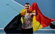 7 March 2021; Thomas Carmoy of Belgium celebrates after winning bronze in the Men's High Jump Final during the first session on day three of the European Indoor Athletics Championships at Arena Torun in Torun, Poland. Photo by Sam Barnes/Sportsfile