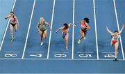 7 March 2021; Pia Skrzyszowska of Poland, right, win's her semi-final of the Women's 60m Hurdles from Markéta Štolová of Czech Republic, Sarah Lavin of Ireland, Zoë Sedney of Netherlands and Ditaji Kambundji of Switzerland during the first session on day three of the European Indoor Athletics Championships at Arena Torun in Torun, Poland. Photo by Sam Barnes/Sportsfile