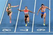 7 March 2021; Ciara Neville of Ireland, Salomé Kora of Switzerland and Naomi Sedney of Netherlands in the semi-final of the Women's 60m during the first session on day three of the European Indoor Athletics Championships at Arena Torun in Torun, Poland. Photo by Sam Barnes/Sportsfile
