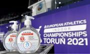 7 March 2021; Hand sanitizer at the track on day three of the European Indoor Athletics Championships at Arena Torun in Torun, Poland. Photo by Sam Barnes/Sportsfile