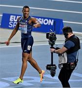 7 March 2021; Wilhem Belocian of France gestures to a TV Steadicam after winning gold in the Men's 60m Hurdles Final during the second session on day three of the European Indoor Athletics Championships at Arena Torun in Torun, Poland. Photo by Sam Barnes/Sportsfile