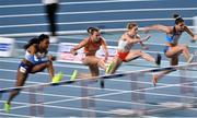 7 March 2021; Nadine Visser of Netherlands, second from left, leads Cynthia Sember of Great Britain and Pia Skrzyszowska of Poland and Nooralotta Neziri of Finland, on her way to winning gold in the Women's 60m Hurdles Final during the second session on day three of the European Indoor Athletics Championships at Arena Torun in Torun, Poland. Photo by Sam Barnes/Sportsfile