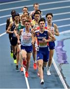 7 March 2021; Jakob Ingebrigtsen of Norway leads the field in the Men's 3000m Final during the second session on day three of the European Indoor Athletics Championships at Arena Torun in Torun, Poland. Photo by Sam Barnes/Sportsfile