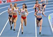 7 March 2021; Keely Hodgkinson of Great Britain leads Joanna Jozwik of Poland and Angelika Cichocka of Poland on her way to winning gold in the Women's 800m Final during the second session on day three of the European Indoor Athletics Championships at Arena Torun in Torun, Poland. Photo by Sam Barnes/Sportsfile