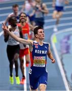 7 March 2021; Jakob Ingebrigtsen of Norway celebrates winning gold in the Men's 3000m Final during the second session on day three of the European Indoor Athletics Championships at Arena Torun in Torun, Poland. Photo by Sam Barnes/Sportsfile