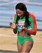 7 March 2021; Patricia Mamona of Portugal celebrates winning gold in the Women's Triple Jump Final during the second session on day three of the European Indoor Athletics Championships at Arena Torun in Torun, Poland. Photo by Sam Barnes/Sportsfile