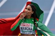 7 March 2021; Patricia Mamona of Portugal celebrates winning gold in the Women's Triple Jump Final during the second session on day three of the European Indoor Athletics Championships at Arena Torun in Torun, Poland. Photo by Sam Barnes/Sportsfile