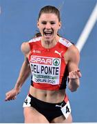 7 March 2021; Ajla Del Ponte of Switzerland celebrates winning gold in the Women's 60m Final during the second session on day three of the European Indoor Athletics Championships at Arena Torun in Torun, Poland. Photo by Sam Barnes/Sportsfile