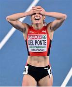 7 March 2021; Ajla Del Ponte of Switzerland celebrates winning gold in the Women's 60m Final during the second session on day three of the European Indoor Athletics Championships at Arena Torun in Torun, Poland. Photo by Sam Barnes/Sportsfile