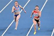 7 March 2021; Ajla Del Ponte of Switzerland on her way to winning gold in the Women's 60m Final ahead of Lotta Kemppinen of Finland during the second session on day three of the European Indoor Athletics Championships at Arena Torun in Torun, Poland. Photo by Sam Barnes/Sportsfile