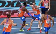 7 March 2021; The Netherlands team of, from left, Jochem Dobber, Liemarvin Bonevacia, Tony van Diepen and Ramsey Angela celebrate winning gold in the Men's 4x400m Relay Final during the second session on day three of the European Indoor Athletics Championships at Arena Torun in Torun, Poland. Photo by Sam Barnes/Sportsfile