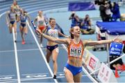 7 March 2021; Femke Bol celebrates as she crosses the line to win gold for the Netherlands in the Women's 4x400m Relay Final during the second session on day three of the European Indoor Athletics Championships at Arena Torun in Torun, Poland. Photo by Sam Barnes/Sportsfile