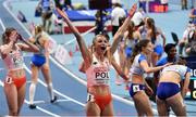 7 March 2021; Malgorzata Holub-Kowalik of Poland celebrates after she and her teammates won bronze in the Women's 4x400m Relay Final during the second session on day three of the European Indoor Athletics Championships at Arena Torun in Torun, Poland. Photo by Sam Barnes/Sportsfile