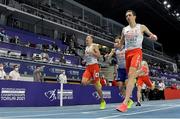 7 March 2021; Patryk Dobek of Poland crosses the line to win gold in the Men's 800m Final ahead of Mateusz Borkowski of Poland and Jamie Webb of Great Britain during the second session on day three of the European Indoor Athletics Championships at Arena Torun in Torun, Poland. Photo by Sam Barnes/Sportsfile
