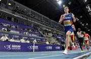 7 March 2021; Jakob Ingebrigtsen of Norway leads the field in the Men's 3000m Final during the second session on day three of the European Indoor Athletics Championships at Arena Torun in Torun, Poland. Photo by Sam Barnes/Sportsfile
