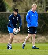 8 March 2021; Harry Byrne, watched by head coach Leo Cullen during Leinster Rugby squad training at UCD in Dublin. Photo by Ramsey Cardy/Sportsfile