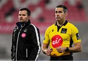 6 March 2021; Referee Frank Murphy, right, and assistant Sean Gallagher during the Guinness PRO14 match between Ulster and Leinster at Kingspan Stadium in Belfast. Photo by Ramsey Cardy/Sportsfile
