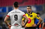 6 March 2021; Referee Frank Murphy in conversation with John Cooney of Ulster during the Guinness PRO14 match between Ulster and Leinster at Kingspan Stadium in Belfast. Photo by Ramsey Cardy/Sportsfile