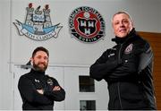 11 March 2021; Bohemian FC have today announced the signing of an 18-year lease at the Dublin City University training facilities in Glasnevin. Pictured are Keith Long, Bohemian FC manager, right, and Fergal Smyth, DCU Sports Campus Manager, at DCU Sport Centre in Glasnevin, Dublin. Photo by Seb Daly/Sportsfile