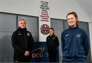 11 March 2021; Bohemian FC have today announced the signing of an 18-year lease at the Dublin City University training facilities in Glasnevin. Pictured are Karley Leavy, DCU Ladies Soccer Scholarship Student, right, Keith Long, Bohemian FC manager, left, and Molly Moran, DCU Sport IT and Communications Manager, at DCU Sport Centre in Glasnevin, Dublin. Photo by Seb Daly/Sportsfile